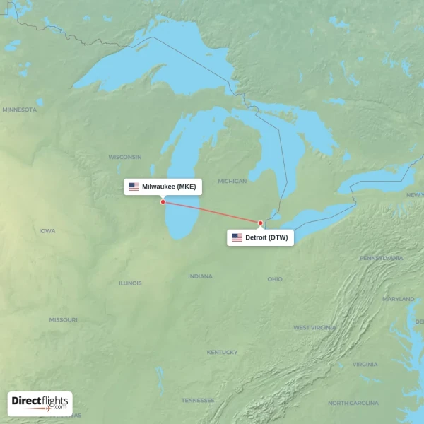 Detroit - Milwaukee direct flight map