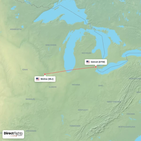 Detroit - Moline direct flight map