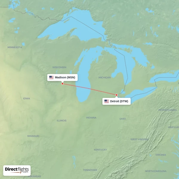 Detroit - Madison direct flight map
