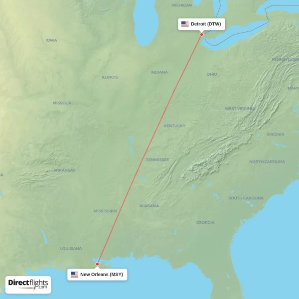 Detroit - New Orleans direct flight map