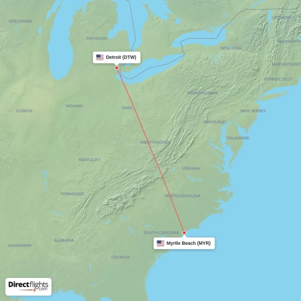 Detroit - Myrtle Beach direct flight map