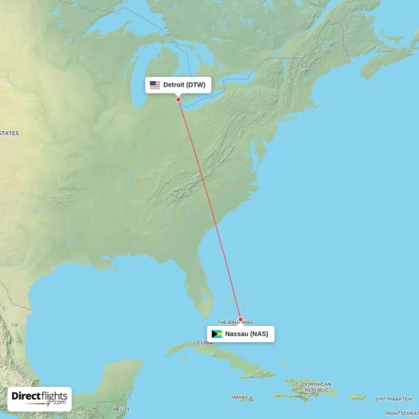 Detroit - Nassau direct flight map