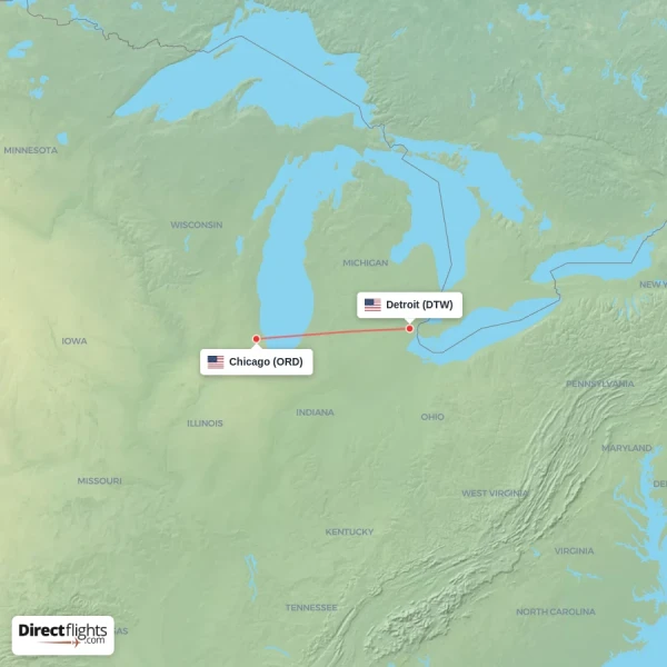 Detroit - Chicago direct flight map