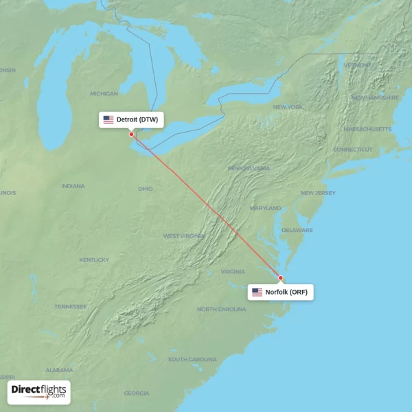 Detroit - Norfolk direct flight map