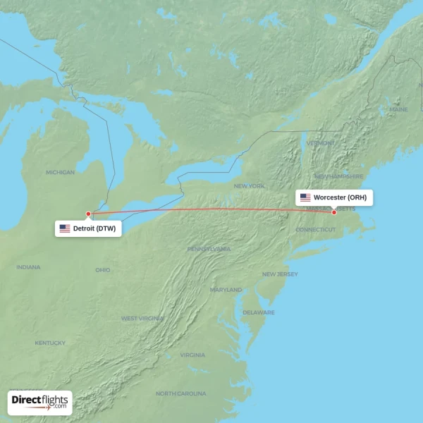 Detroit - Worcester direct flight map