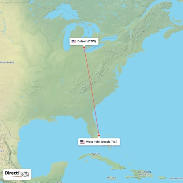 Detroit - West Palm Beach direct flight map