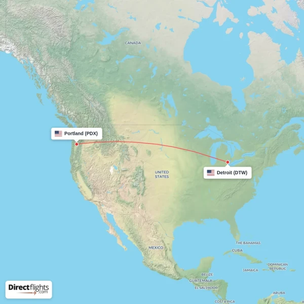 Detroit - Portland direct flight map