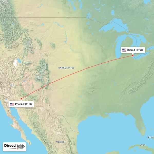 Detroit - Phoenix direct flight map