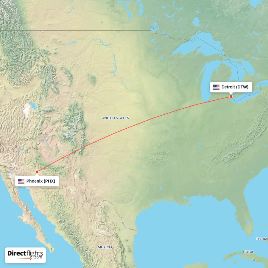 DTW - PHX route map
