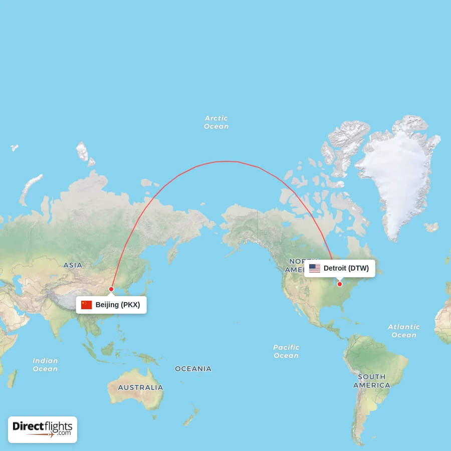 DTW - PKX route map