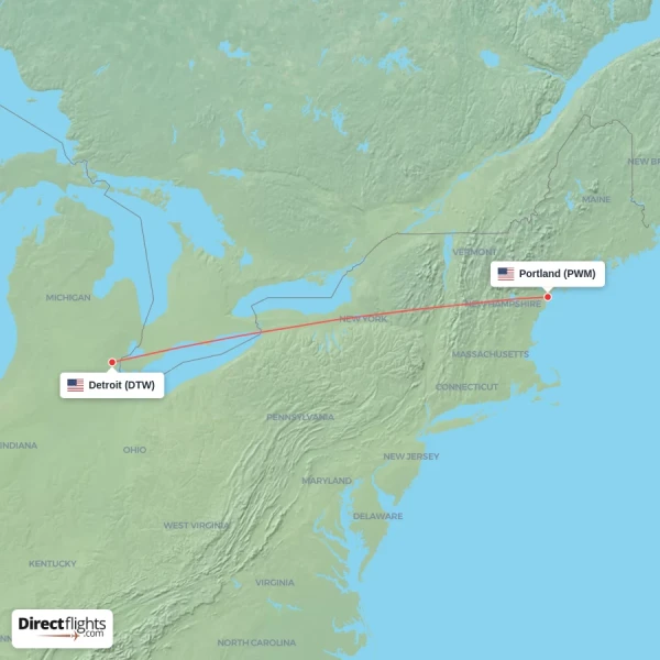 Detroit - Portland direct flight map