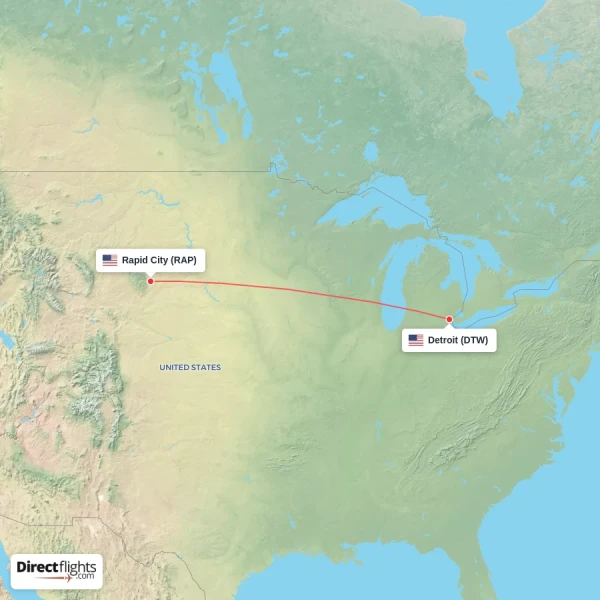 Detroit - Rapid City direct flight map