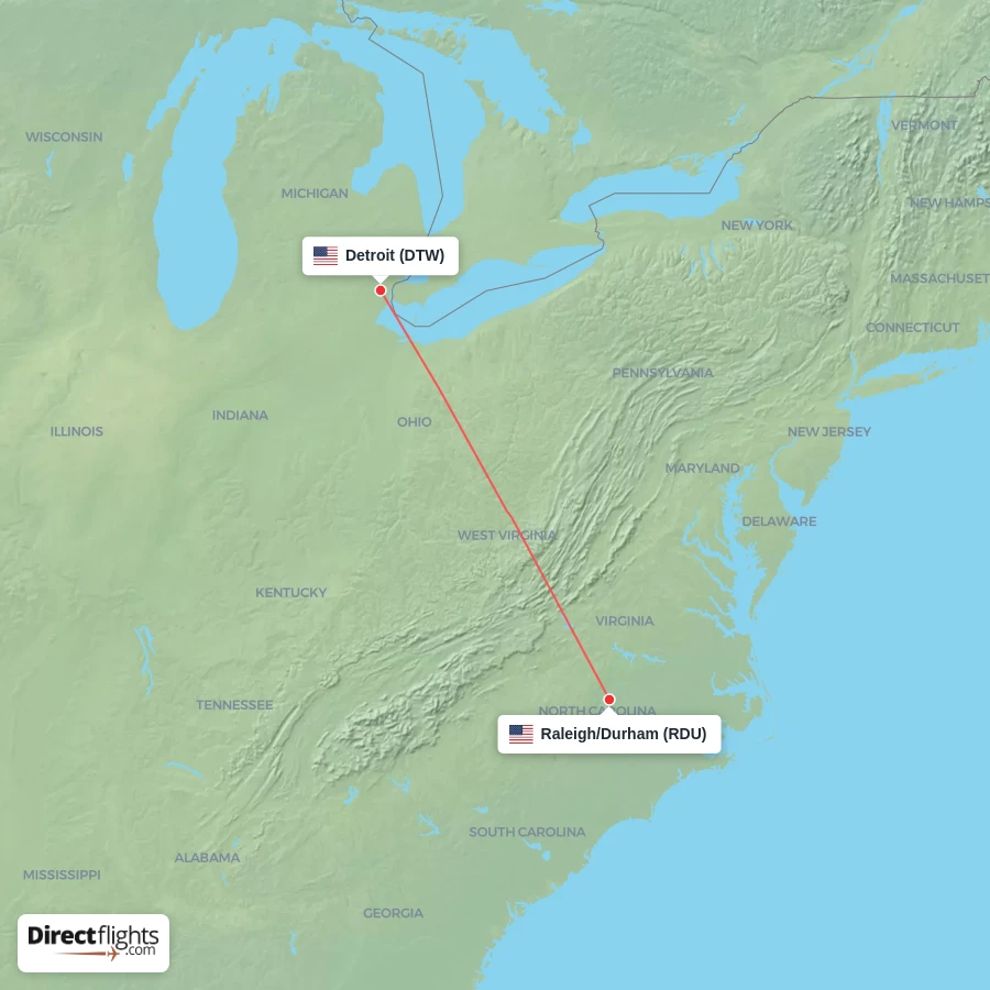 DTW - RDU route map