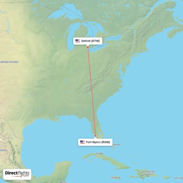 Detroit - Fort Myers direct flight map