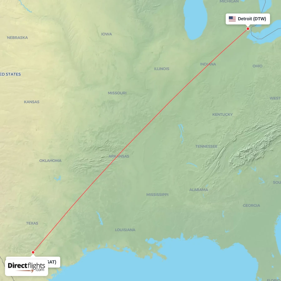 DTW - SAT route map