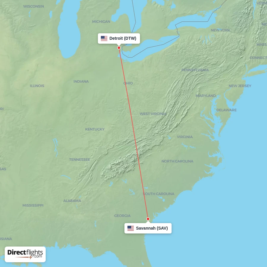 DTW - SAV route map