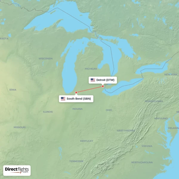 Detroit - South Bend direct flight map
