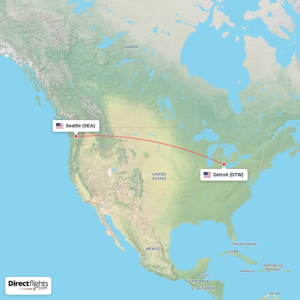 Detroit - Seattle direct flight map