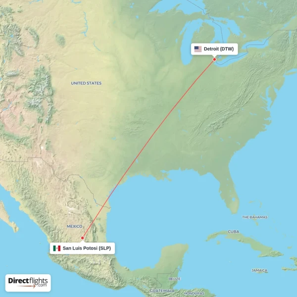 Detroit - San Luis Potosi direct flight map