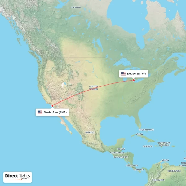 Detroit - Santa Ana direct flight map