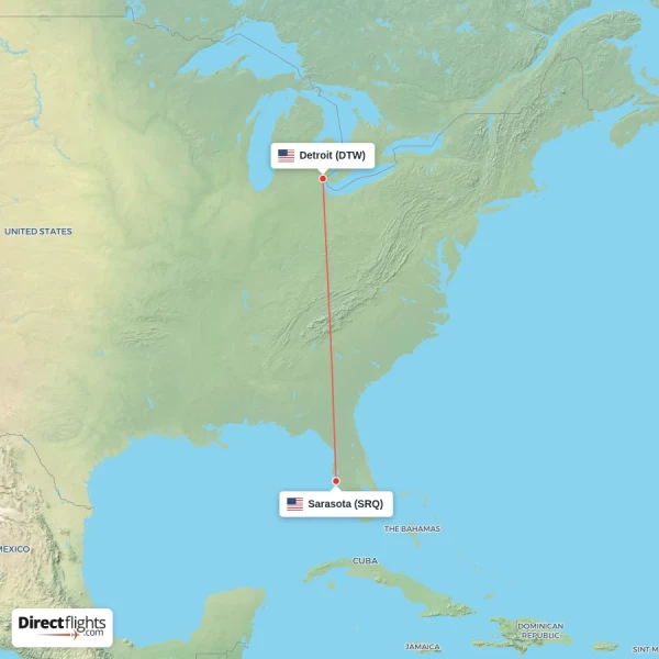 Detroit - Sarasota direct flight map
