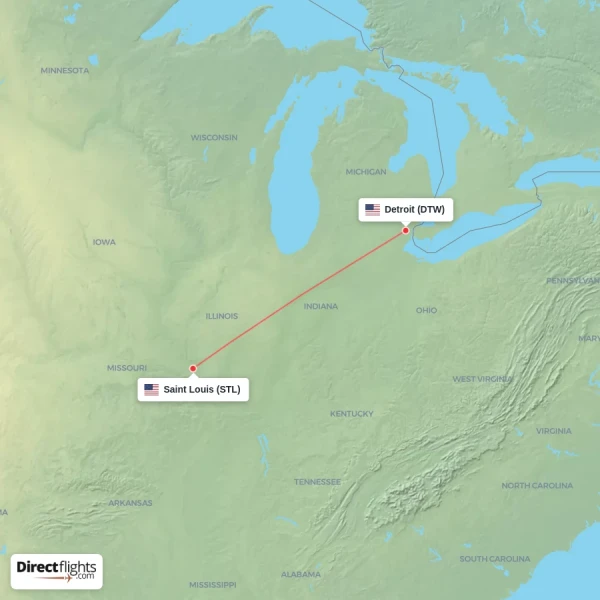 Detroit - Saint Louis direct flight map