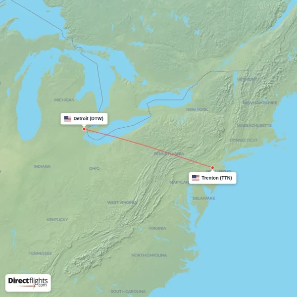 Detroit - Trenton direct flight map