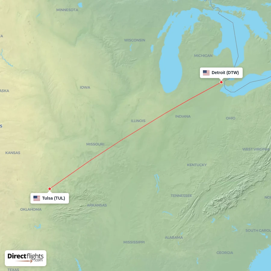 DTW - TUL route map