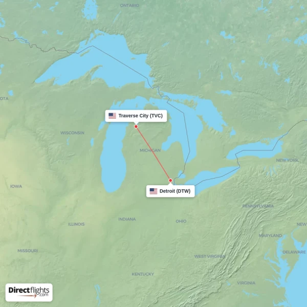 Detroit - Traverse City direct flight map