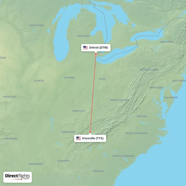 Detroit - Knoxville direct flight map