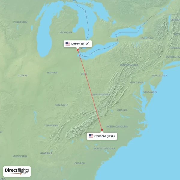 Detroit - Concord direct flight map