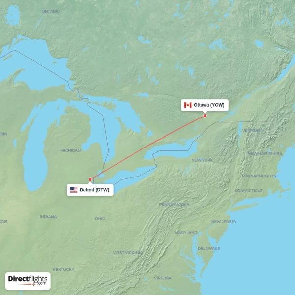Detroit - Ottawa direct flight map