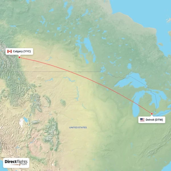 Detroit - Calgary direct flight map