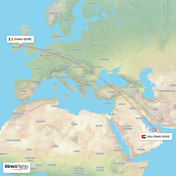 Dublin - Abu Dhabi direct flight map