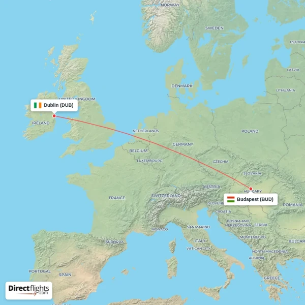 Dublin - Budapest direct flight map