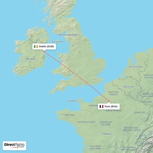 Dublin - Paris direct flight map