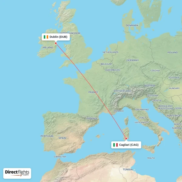 Dublin - Cagliari direct flight map