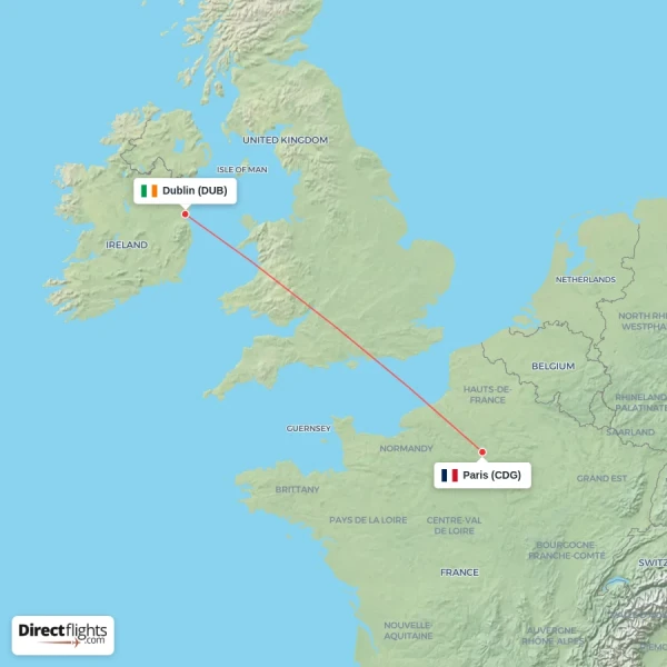 Dublin - Paris direct flight map