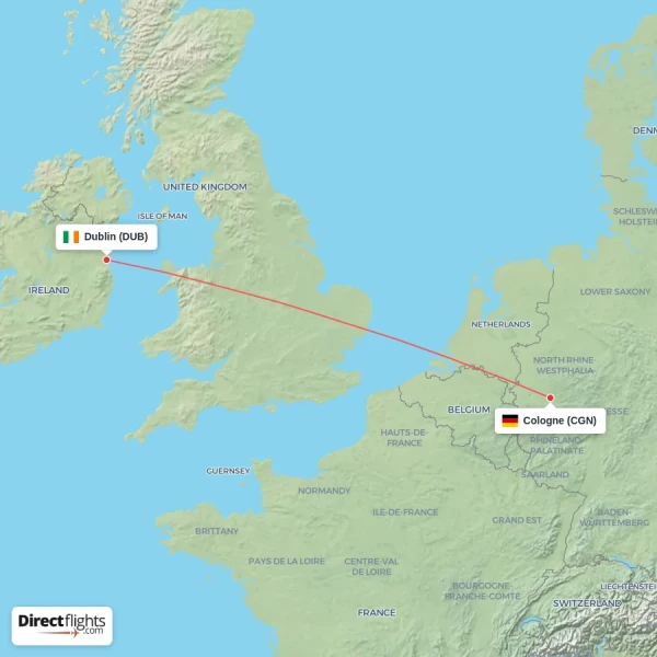 Dublin - Cologne direct flight map