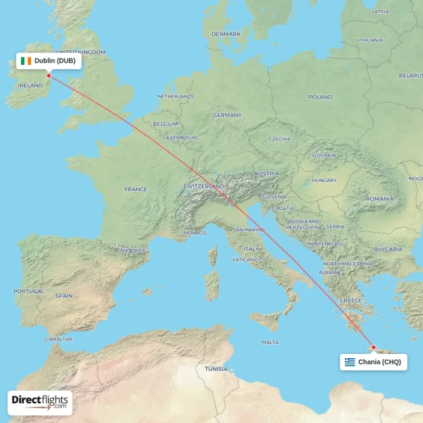 Dublin - Chania direct flight map
