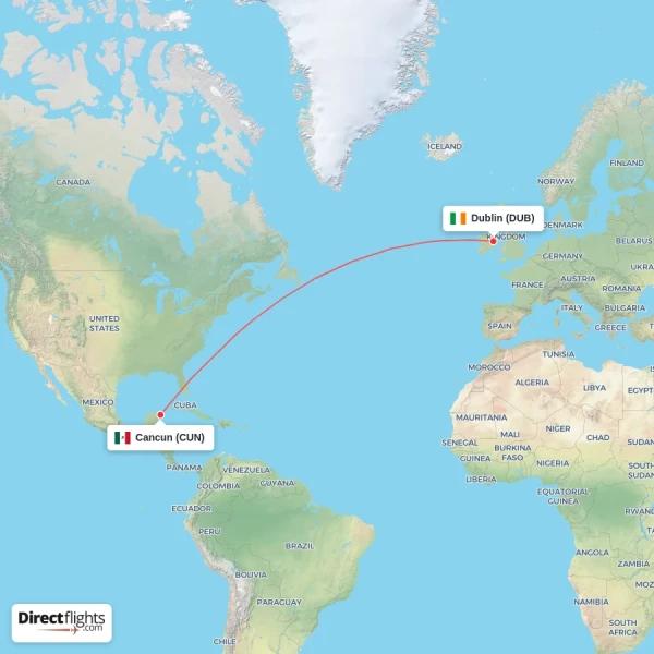 Dublin - Cancun direct flight map