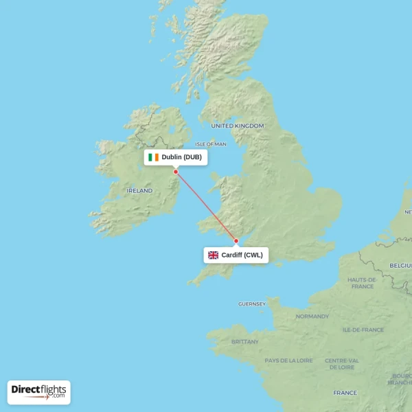 Dublin - Cardiff direct flight map