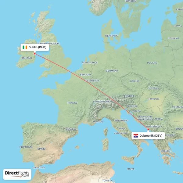 Dublin - Dubrovnik direct flight map