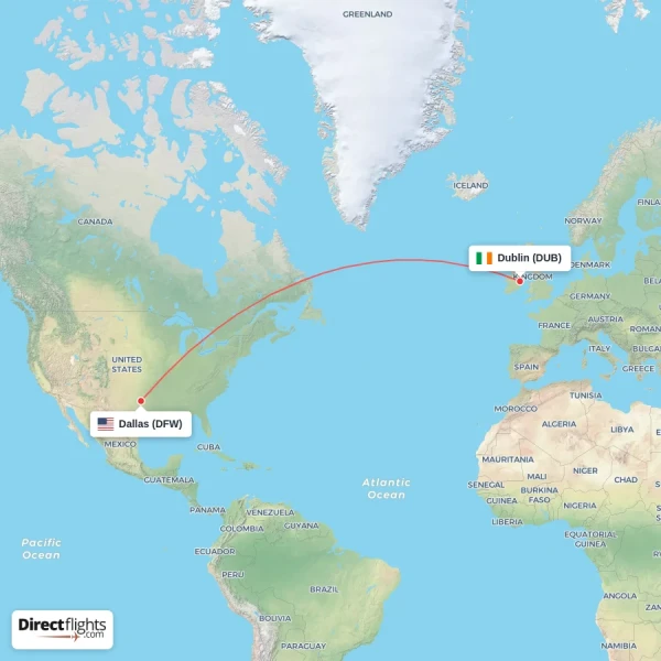 Dublin - Dallas direct flight map