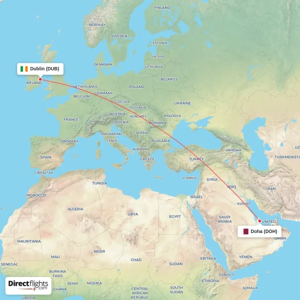 Dublin - Doha direct flight map