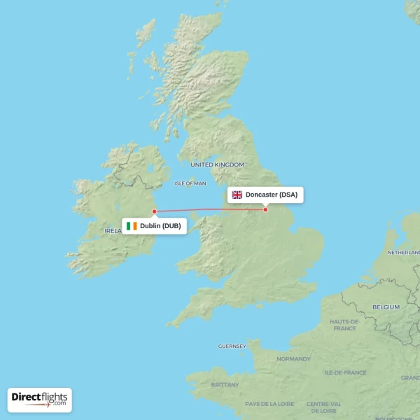 Dublin - Doncaster direct flight map