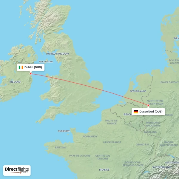 Dublin - Dusseldorf direct flight map