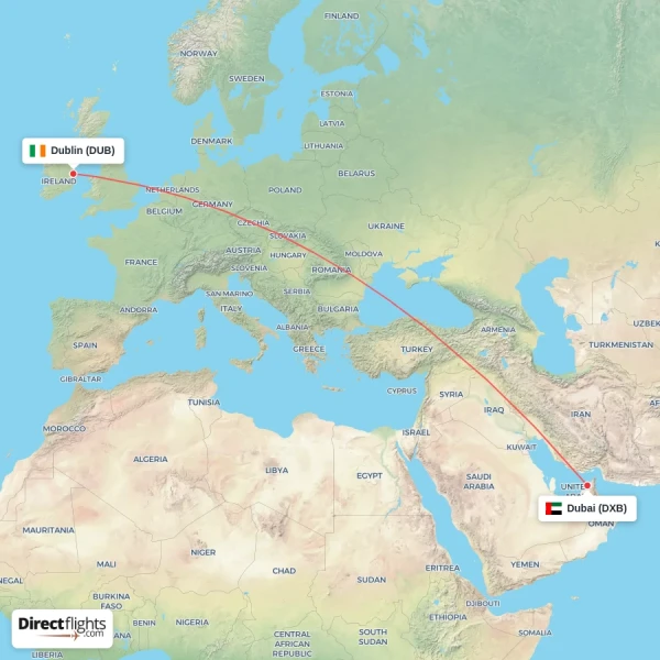 Dublin - Dubai direct flight map