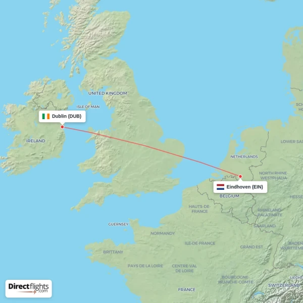Dublin - Eindhoven direct flight map