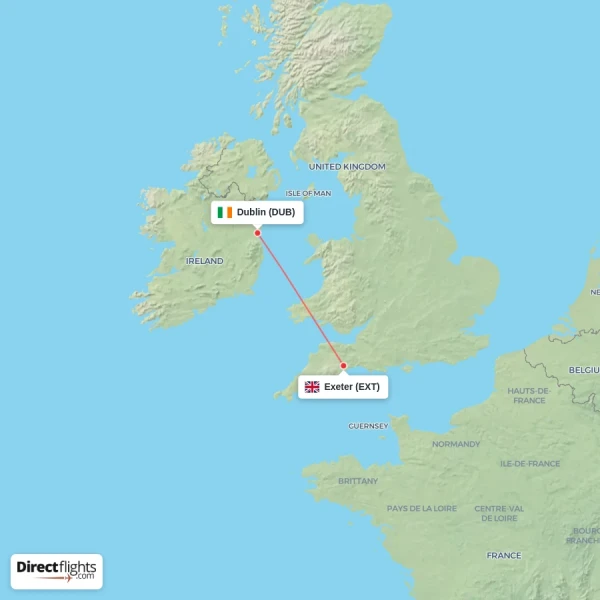 Dublin - Exeter direct flight map